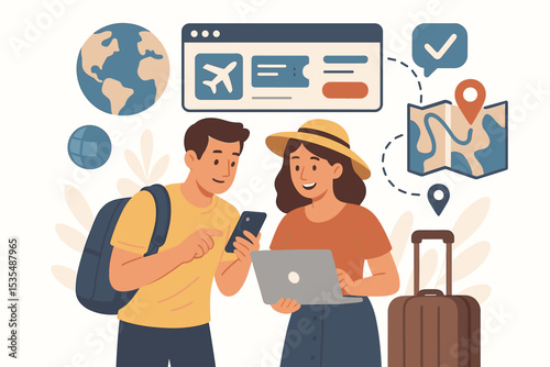 Couple planning trip online. Man and woman booking flight tickets for vacation on laptop and smartphone. Digital travel concept with map, luggage and globe. Tourism vector illustration.