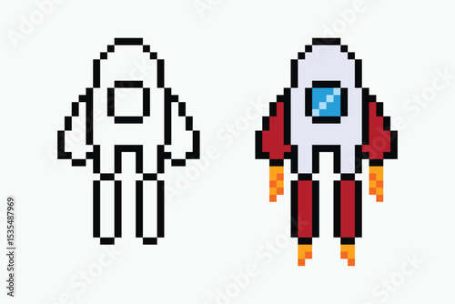 set rocket pixel art icon vector illustration.