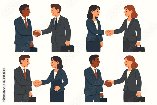 Business people handshake illustration set. Diverse professionals, man and woman, making a deal. Concept of partnership, agreement, success, cooperation, greeting, and negotiation.