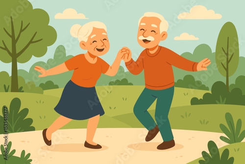 Happy senior couple dancing in the park. Elderly man and woman enjoying active retirement. Healthy lifestyle, love, relationship, and joyful old age vector illustration.