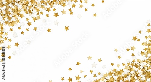 Golden star confetti on white background for festive celebrations  