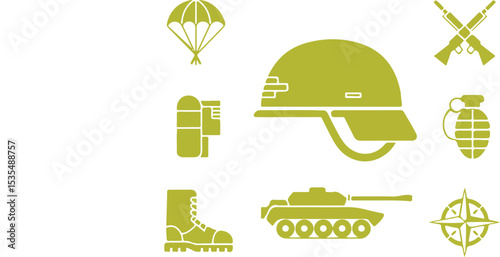 Flat Green Army and Military Icon Set Featuring Helmet, Weapons, and Combat Equipment