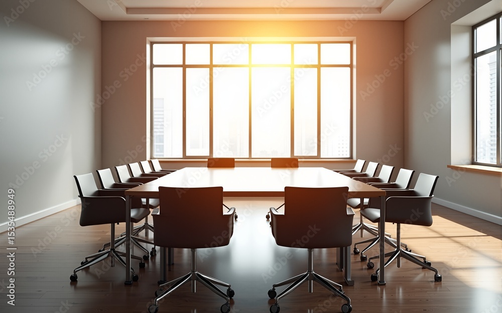 Fototapeta premium Empty conference room with chairs around a large table, sunlit windows. High quality