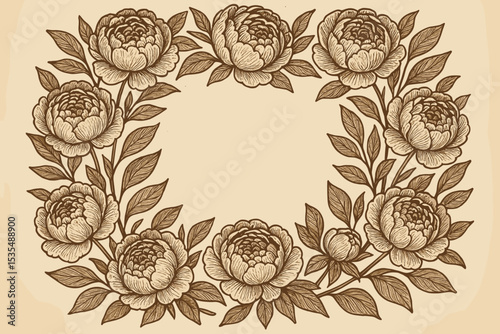 Vintage floral frame with peonies. Hand-drawn botanical border in engraving style. Elegant vector illustration for wedding invitation or card design on old paper background.