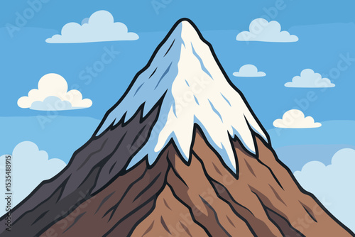 Cartoon mountain landscape with snow capped summit against a blue sky with clouds. Concept for adventure, travel, and climbing. Nature background vector illustration.