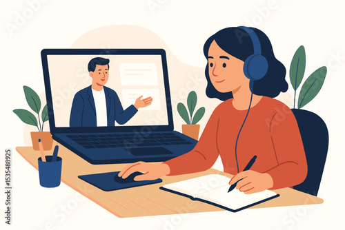 Online learning experience concept. Woman with headphones studying at home on laptop watching a webinar. Video conference with a teacher. E-learning, remote education, online course.