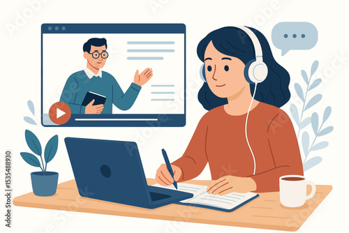 Online education and e-learning concept. Young woman student watching webinar on laptop and writing notes. Distance learning, remote study, online course with virtual teacher.