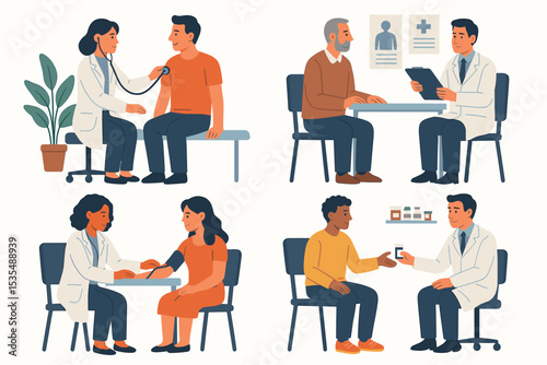 Healthcare and medicine illustration set. Diverse doctors and patients during medical check-up, consultation, examination with stethoscope, and blood pressure measurement. Clinic concept.