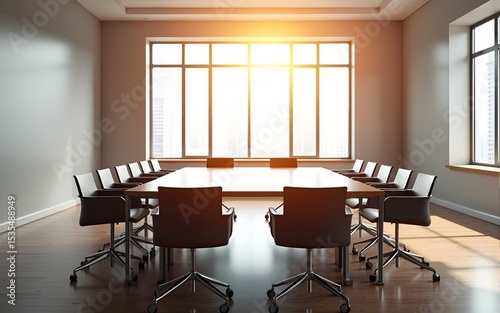 Wallpaper Mural Empty conference room with chairs around a large table, sunlit windows. High quality Torontodigital.ca