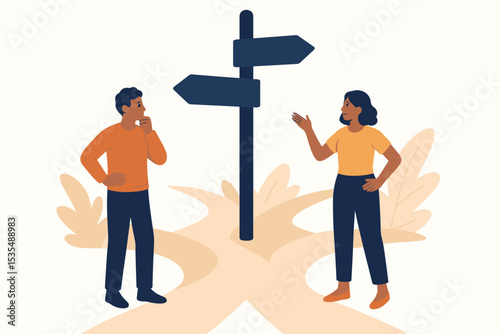 Couple at crossroads choosing a path. Man and woman making a decision about future direction. Vector illustration of choice, dilemma, opportunity, strategy, and life journey concept.