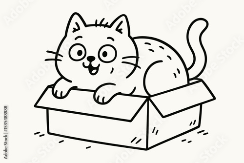 Cute cat sitting in a cardboard box. Funny kitten playing. Hand drawn doodle character. Pet animal line art illustration. Black and white sketch for coloring book or logo design.