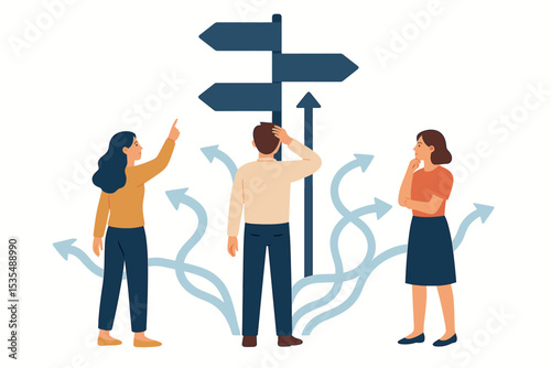 People at a crossroads making a choice about the future path. Confused man and thoughtful women at signpost with arrows. Metaphor for business decision, career, and life direction.