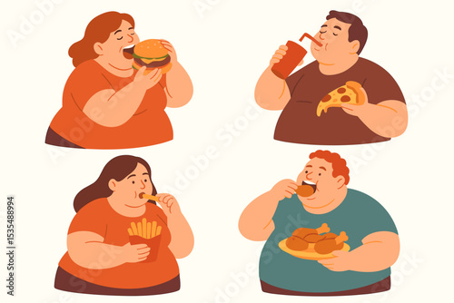 Collection of overweight people eating fast food. Set of cartoon man and woman with burger, pizza, fries, soda. Concept of obesity, gluttony, overeating, unhealthy lifestyle.