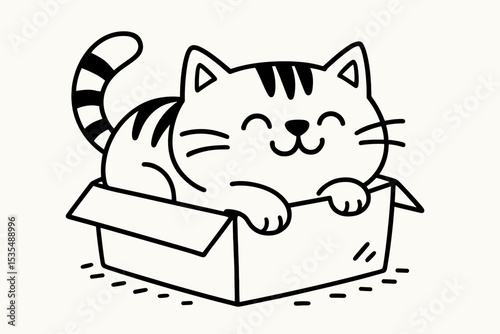 Cute cat in a box. Happy tabby kitten sitting in cardboard package. Adorable funny pet character playing. Line art drawing vector illustration. Kawaii cartoon animal logo icon.