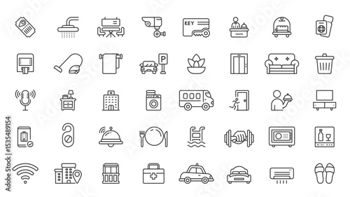 Hotel line icons collection. accomodation, Service, wifi, interior, reception, restaurant icons. UI icon set. Outline vector icon in linear style. collection of pictograms hotel
