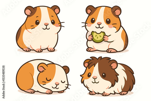 Cute guinea pig vector set. Kawaii cartoon cavy character collection. Adorable domestic pet rodent illustration in different poses. Funny animal eating, sleeping, sitting.