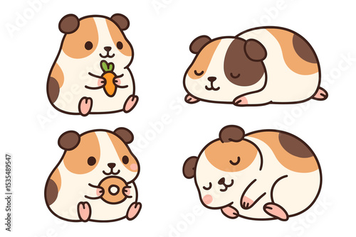 Cute guinea pig vector set. Adorable kawaii cartoon animal characters collection. Funny cavy pet sleeping, eating carrot and food. Happy rodent mascot illustration for kids.