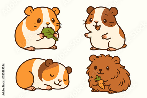 Cute guinea pig character set. Kawaii cavy pet collection in various poses. Cartoon rodent eating leaf and carrot, sleeping, and happy. Adorable animal mascot vector illustration.