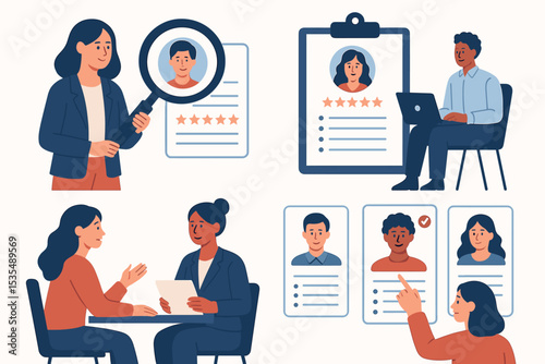 Recruitment process illustration set. Human resources manager interviewing and choosing a candidate for a job. Job search, CV screening, employee selection and hiring concept vector.