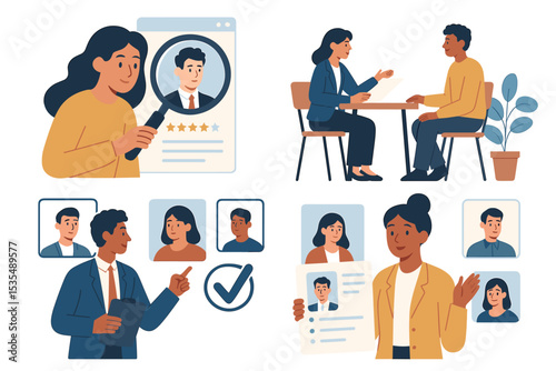 HR recruitment process vector illustration set. Human resources managers hiring employees. Job interview, candidate selection, resume review, and online staff search concept.