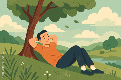 Man relaxing under a tree in nature. Peaceful character resting on a green hill. Concept of mindfulness, stress relief, mental health and well-being. Serene summer leisure.