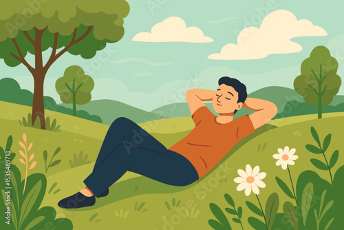 Young man relaxing on green grass in summer park. Person lying on hill, enjoying nature and a peaceful moment. Concept of mental health, mindfulness, slow living, stress relief.