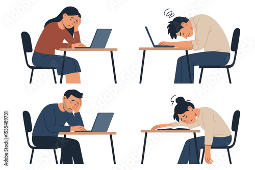 Exhausted office workers vector set. Tired people feeling stress and depression from overwork. Professional burnout, fatigue, and mental health concept. Sad employee at desk with laptop.