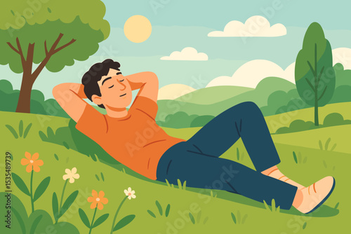 Young man relaxing in nature, lying on the green grass in a sunny park. Peaceful summer landscape illustration. Concept for mental health, wellbeing, tranquility, and rest.