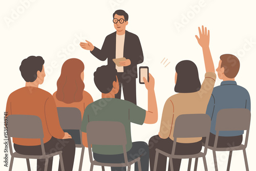 Speaker at a business conference or training seminar. Man giving a presentation to an audience. Person raising hand for Q&A. Public speaking, education, workshop vector concept.