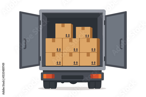 Delivery truck with open doors showing stacked cardboard boxes and parcels. Freight transport and cargo shipping service concept. Logistics and moving company vector illustration.