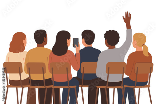 Audience engagement concept. Back view of diverse people at a business conference. Man raising hand for question, woman using phone. Seminar, training, or workshop vector illustration.