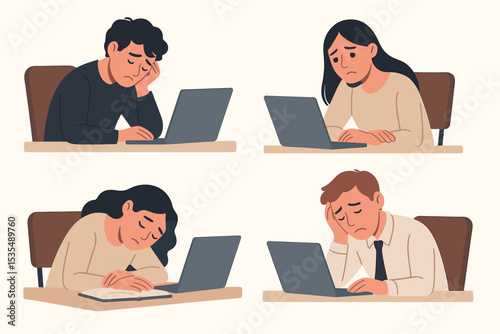 Exhausted office worker character set. Tired employees feeling professional burnout, stress, and fatigue at work. Overworked people with laptops. Mental health concept.