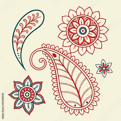 Bold floral paisley elements in a colorful arrangement are ideal for decorative, festive, and traditional artwork.