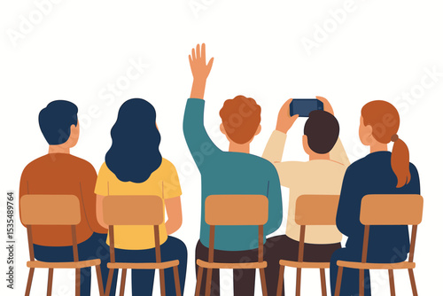 Audience at a business conference or seminar. People sitting on chairs listening to a lecture. Man raising hand to ask a question. Person recording event on smartphone. Vector.