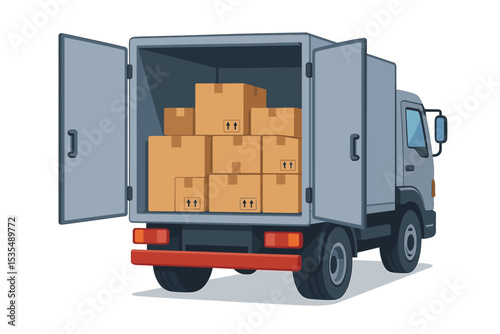 Delivery truck with open doors full of cardboard boxes. Moving van unloading cargo parcels for relocation. Freight transport, logistics, and shipping service concept. Vector.