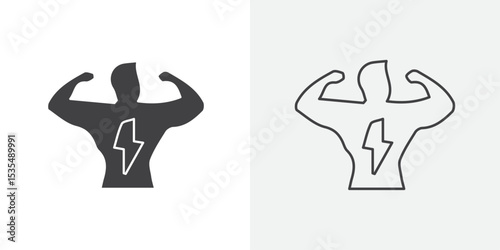 Man have strong muscles icon Line graphics illustration
