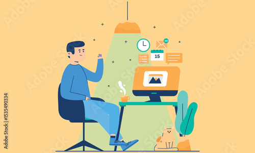 Office desk person concept. Man sitting near computer with graphs and diagrams. Young guy with pc. Worker at workplace. Cartoon flat vector illustration