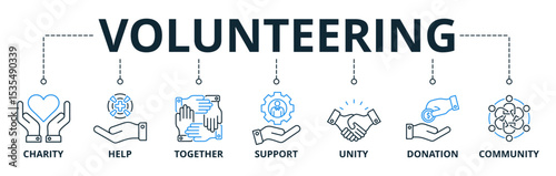Volunteering web banners concept vector illustration with keywords and icons