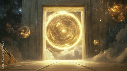 Mystical portal to another dimension with planets and nebulae in the background