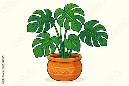 Monstera deliciosa plant in decorative pot vector illustration. Trendy houseplant icon, Swiss cheese plant for interior design. Home decor concept. Tropical foliage cartoon.