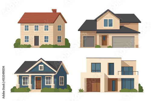 Architectural home styles set. Collection of house exteriors: modern, classic, cottage, suburban. Real estate property vector illustration. Flat design building facades isolated.