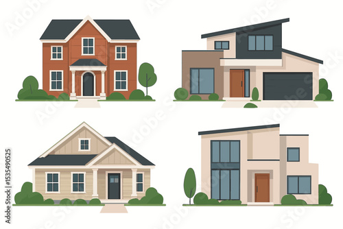 House collection vector illustration set. Modern, contemporary, and traditional architectural home styles. Suburban residential building exterior. Real estate property front view.