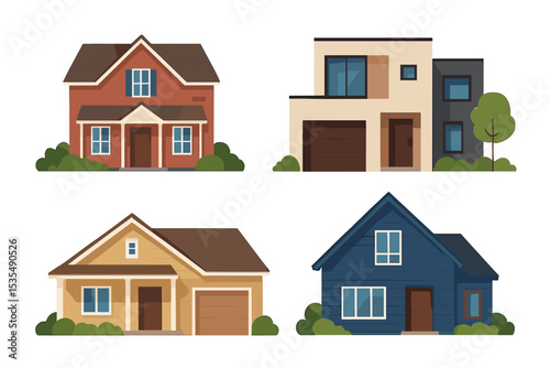 Set of various house styles. Collection of residential buildings. Modern, traditional, and suburban homes. Real estate vector illustration. Architectural design concept icon set.