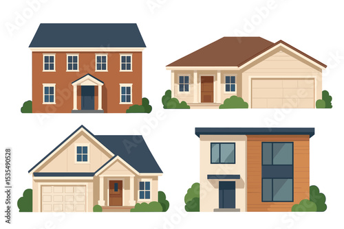 House collection set. Different architectural home styles. Vector flat illustration. Building facade exterior. Residential property real estate. Suburban cottage and modern townhouse.