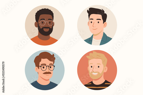 Set of male avatars. Diverse men portraits for user profile icons. Collection of multiracial characters. Flat vector illustration of people's faces for business team or social media.