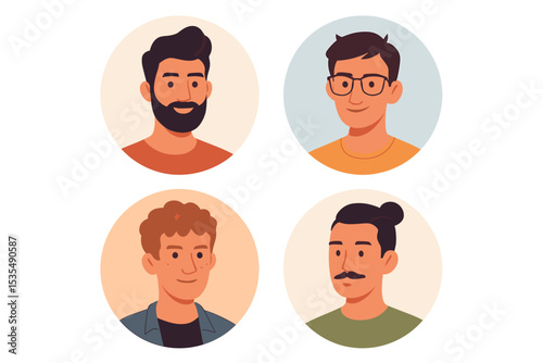 Set of male avatars. Collection of diverse young men portraits. User profile picture icons. Characters with beard, glasses, mustache, man bun. Flat vector illustrations for social media.