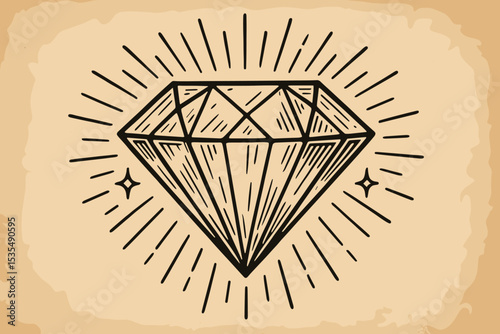 Vintage diamond illustration in a hand-drawn, engraved style. Retro shining gem sketch on old paper texture. Concept of luxury, wealth, quality. Precious jewel symbol.