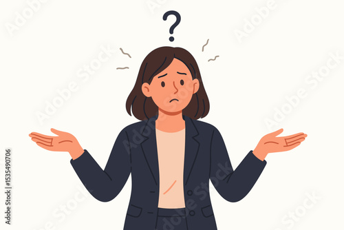 Doubtful businesswoman with question mark over her head. Confused woman shrugging, making a choice. Concept of uncertainty, dilemma, business problem, and searching for a solution.
