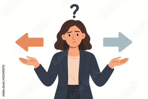 Businesswoman making a choice between two options. Confused woman with a question mark facing a dilemma. Concept of decision-making, opportunity, strategy, and crossroads.