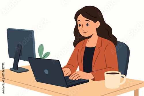 Happy young woman working on laptop computer at her desk. Female freelancer character typing in modern office workspace. Concept of remote job, online education, e-learning.